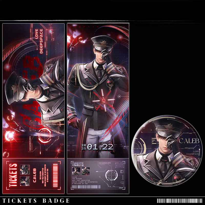 Caleb Badge Far-Space Officer Pin 58mm & Love and Deepspace Pearl Laser Ticket 7*20cm, Game Merchandise