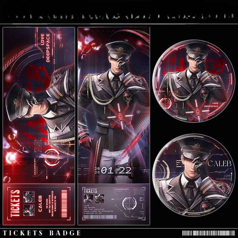 Caleb Badge Far-Space Officer Pin 58mm & Love and Deepspace Pearl Laser Ticket 7*20cm, Game Merchandise