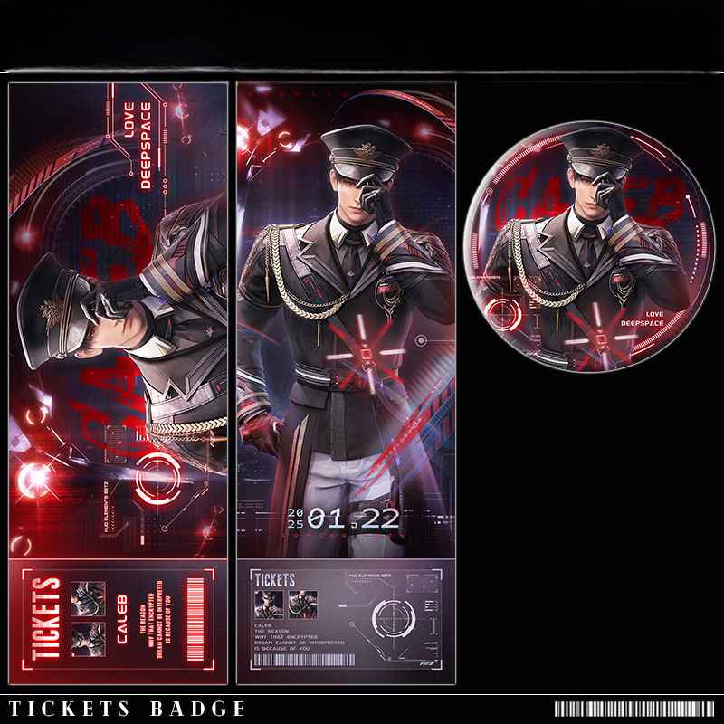 Caleb Badge Far-Space Officer Pin 58mm & Love and Deepspace Pearl Laser Ticket 7*20cm, Game Merchandise