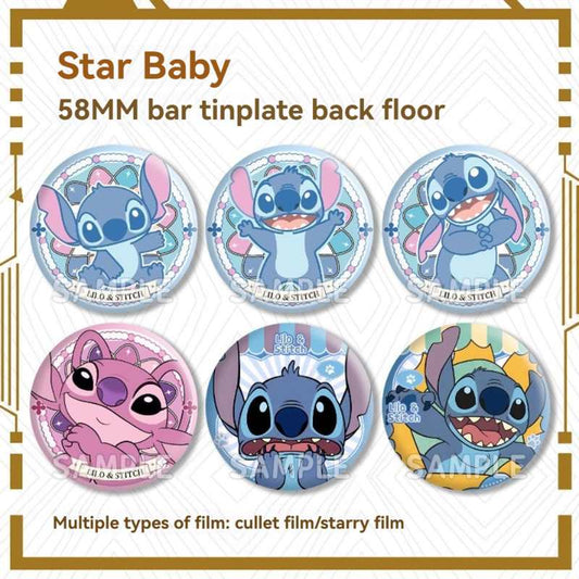 Stitch & Angel Fan-Made Holographic Badge – Reflective Galaxy Broken Glass Style