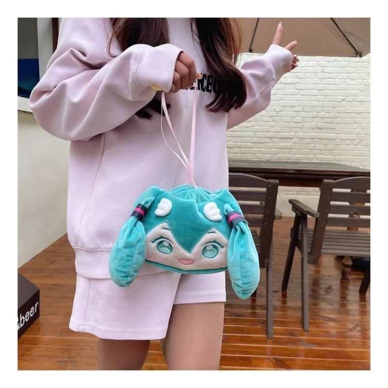 Miku Hatsune Anime Plush Drawstring Backpack – Kawaii Shoulder & Crossbody Bag for Girls