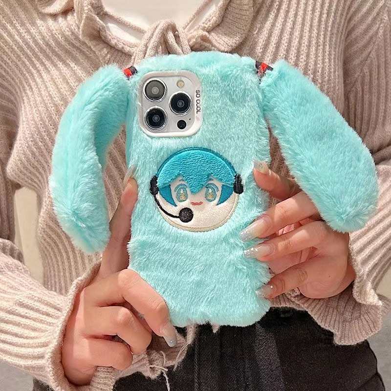 Hatsune Miku Plush Phone Case for iPhone 17 Pro Max/16/15 – Cute Warm Furry Cover